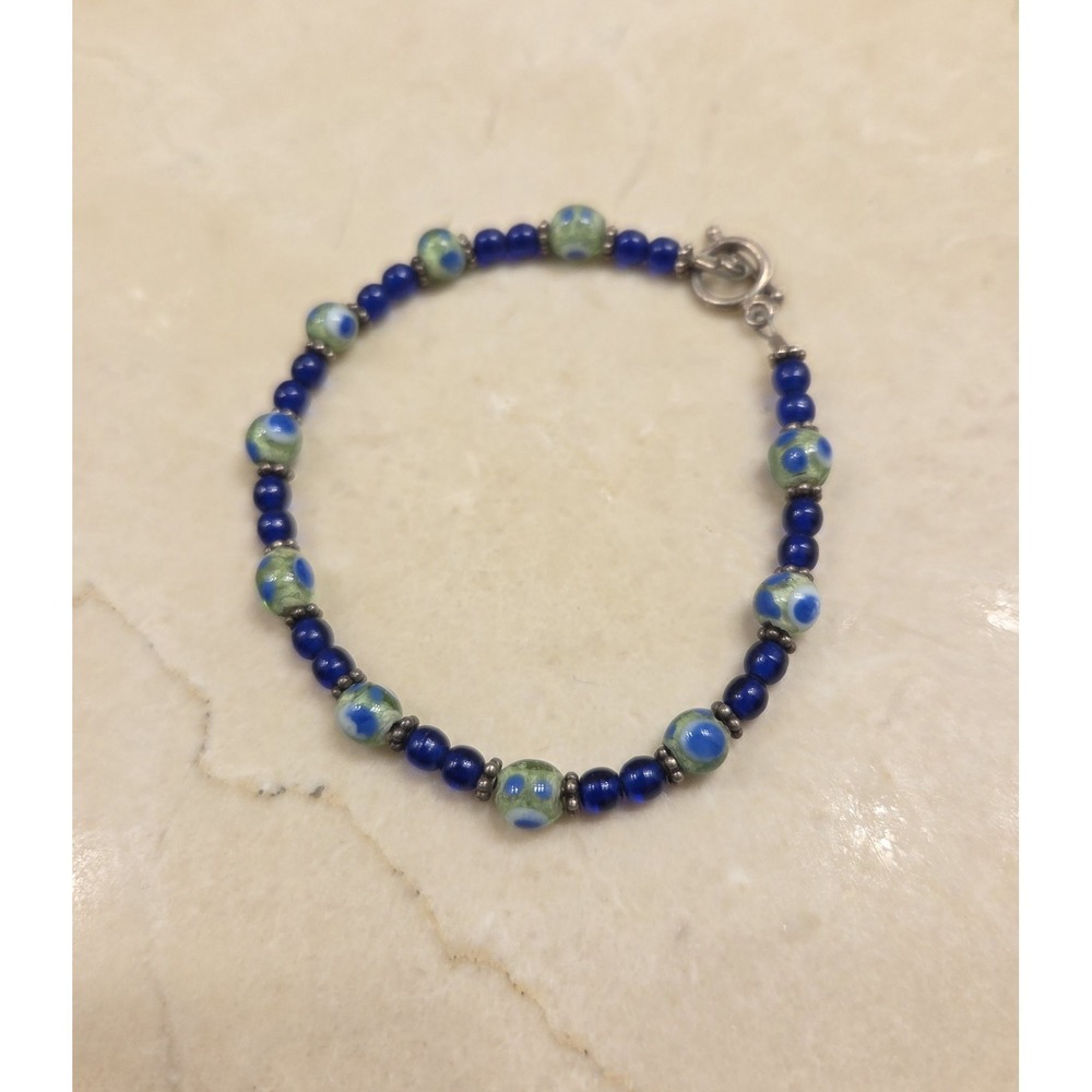 Sterling Silver & Murano Glass Bead Bracelet Toggle Clasp 7.5" - Picture 2 of 4